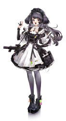 1girl absurdres agoto apron black_footwear black_hair boots dress frilled_dress frills full_body gun highres long_hair looking_at_viewer maid maid_day maid_headdress open_mouth original pantyhose purple_eyes shoes simple_background solo suppressor two_side_up very_long_hair waist_apron weapon white_background