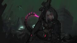 Rule 34 | aircraft, assault rifle, belt, black bodysuit, black cloak, bodysuit, breasts, building, city, cloak, covered navel, crossed legs, feet out of frame, gun, hair ornament, hairclip, highres, holding, holding weapon, indie virtual youtuber, large breasts, long hair, mechanical tail, night, outdoors, paintrfiend, red eyes, rifle, ruins, saruei (vtuber), scar, scar across eye, science fiction, sitting, skyscraper, spotlight, tail, trigger discipline, virtual youtuber, weapon, white hair