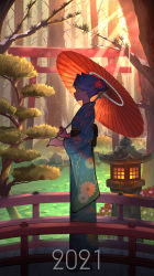 Rule 34 | 1girl, 2021, animal ears, breasts, bridge, cat ears, closed mouth, closed eyes, facing away, floral print, flower, forest, full body, hair bun, hair flower, hair ornament, hands up, highres, holding, japanese clothes, kimono, nature, obi, oil-paper umbrella, original, outdoors, pasoputi, pond, railing, red flower, sash, scenery, single hair bun, small breasts, smile, snow, solo, standing, stone lantern, sunlight, torii, tree, umbrella, water