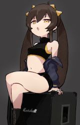 Rule 34 | 1girl, amplifier, boots, bow, breasts, brown hair, commentary, crossed legs, doragofu, grey background, hair between eyes, hair bow, highres, idolmaster, idolmaster cinderella girls, jewelry, matoba risa, midriff, navel, pointy breasts, ring, short shorts, shorts, small breasts, thighs, turtleneck, twintails, yellow eyes