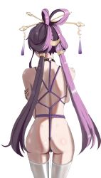 Rule 34 | 1girl, absurdres, ass, bdsm, bondage, bound, bow-shaped hair, choker, commentary request, crescent, crescent hair ornament, crotch rope, fu xuan (honkai: star rail), hair ornament, hair rings, hair stick, highres, honkai: star rail, honkai (series), long hair, low twintails, nude, o-ring, o-ring choker, purple hair, purple rope, purple tassel, pussy juice, rope, shibari, shiny skin, solo, standing, tassel, tassel hair ornament, thighhighs, twintails, white thighhighs, yi yanhua er qing
