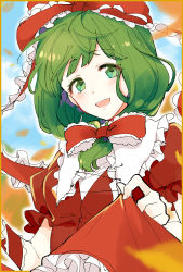Rule 34 | 1girl, :d, blunt bangs, blush, bow, close-up, cloud, cloudy sky, day, dress, eyes visible through hair, falling leaves, front ponytail, green eyes, green hair, hair bow, kagiyama hina, leaf, open mouth, popoin, red dress, round teeth, skirt hold, sky, smile, solo, teeth, touhou, upper body, upper teeth only