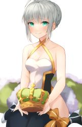 Rule 34 | 1girl, ahoge, artoria pendragon (swimsuit archer) (third ascension) (fate), bare arms, bare shoulders, blush, braid, breasts, collarbone, crown, eyebrows hidden by hair, fate/grand order, fate (series), gray (fate), green eyes, herigaru (fvgyvr000), highres, holding, holding crown, looking at viewer, ribbon, short hair, silver hair, sitting, smile, solo, swimsuit