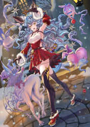 Rule 34 | 1girl, :d, absurdres, animal ears, arm up, armpits, bare shoulders, beard, bell, belt, beppo (granblue fantasy), black gloves, black thighhighs, blue gemstone, blue hair, blush, breasts, clothing cutout, curly hair, detached sleeves, dress, earrings, erune, facial hair, ferry (granblue fantasy), ferry (santa minidress) (granblue fantasy), fugee (granblue fantasy), full body, fur-trimmed footwear, fur-trimmed sleeves, fur trim, geegee (granblue fantasy), gem, ghost, gloves, granblue fantasy, hair between eyes, hat, heart-shaped gem, high heels, highres, holding, holding whip, house, jewelry, lantern, legendpoon, long hair, medium breasts, nicola (granblue fantasy), night, open mouth, outdoors, pleated dress, rabbit, red dress, red footwear, red gemstone, santa hat, sideless outfit, single earring, smile, snow, snowing, solo, sparkle, star (symbol), teeth, thighhighs, underboob, underboob cutout, upper teeth only, very long hair, walking, wide sleeves, wolf, yellow eyes
