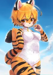 Rule 34 | 1girl, animal ears, animal nose, blonde hair, blue sky, breasts, china dress, chinese clothes, closed mouth, cloud, commentary request, day, dress, furry, furry female, highres, kageroh, looking at viewer, medium breasts, original, outdoors, short hair, sky, smile, snout, solo, tail, thighs, tiger ears, tiger girl, tiger tail, white dress