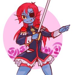 Rule 34 | 1girl, eyepatch, fang, female focus, highres, long hair, red hair, simple background, smile, solo, sword, undertale, undyne, upper body, weapon, white background, zanamaoria