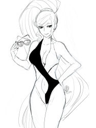 Rule 34 | 1girl, bad id, bad pixiv id, breasts, cleavage, unworn eyewear, hand on own hip, high ponytail, hilda (under night in-birth), large breasts, long hair, monochrome, navel, one-piece swimsuit, sketch, solo, sunglasses, swimsuit, thigh gap, under night in-birth, very long hair, yusano