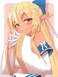 Rule 34 | 1girl, absurdres, bare shoulders, blonde hair, blue bow, blush, border, bow, closed mouth, dark-skinned female, dark skin, detached sleeves, gloves, hair between eyes, hair bow, half-closed eyes, hands up, highres, hololive, long hair, long sleeves, looking at viewer, multicolored hair, orange eyes, outside border, own hands together, pointy ears, sen (sen42724788), shadow, shiranui flare, sleeve bow, sleeves past wrists, smile, solo, streaked hair, upper body, virtual youtuber, white bow, white gloves, white sleeves, wide sleeves