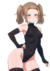Rule 34 | 1girl, bare shoulders, black gloves, black leotard, blush, breasts, brown hair, closed mouth, commentary request, covered collarbone, covered navel, dot nose, elbow gloves, eyelashes, fingerless gloves, gloves, green eyes, groin, highres, kamidan, leotard, looking at viewer, medium breasts, medium hair, shania (xenoblade), simple background, skindentation, solo, standing, twintails, v-shaped eyebrows, white background, xenoblade chronicles (series), xenoblade chronicles 3