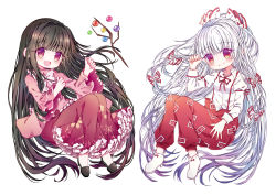 Rule 34 | 2girls, :d, ankle boots, armband, arms up, black footwear, black hair, blouse, blunt bangs, blush, boots, branch, breasts, chibi, commentary request, frilled skirt, frilled sleeves, frills, fujiwara no mokou, hair ribbon, high heels, hime cut, houraisan kaguya, jeweled branch of hourai, long hair, long sleeves, looking at viewer, multiple girls, ofuda, open mouth, pants, pink shirt, red eyes, red skirt, ribbon, rimei, shirt, sidelocks, simple background, sitting, skirt, sleeve cuffs, small breasts, smile, suspenders, touhou, very long hair, white background, white footwear, white hair