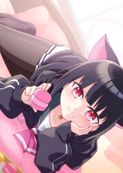 Rule 34 | animal ears, bed, black hair, black jacket, blue archive, brown pantyhose, closed mouth, collarbone, commentary request, food, green sailor collar, halo, harada (sansei rain), highres, holding, holding food, jacket, kazusa (blue archive), long sleeves, looking at viewer, macaron, pantyhose, pillow, pleated skirt, puffy long sleeves, puffy sleeves, red eyes, sailor collar, skirt, smile, white skirt