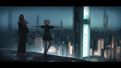 Rule 34 | 2girls, bad id, bad pixiv id, black dress, black footwear, black kimono, black legwear, blonde hair, brown hair, building, city lights, cityscape, double v, dress, facing away, hair ornament, high heels, indoors, japanese clothes, kimono, letterboxed, long hair, multiple girls, night, night sky, original, outstretched arms, pantyhose, red footwear, shoe soles, shoes, short dress, short sleeves, sky, skyscraper, spread arms, standing, translation request, twintails, v, yurichtofen