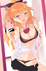 Rule 34 | 1girl, :d, bad id, bad twitter id, bare shoulders, black bra, black panties, black skirt, bow, bowtie, bra, breasts, cellphone, cleavage, cowboy shot, earrings, fang, groin, hair ribbon, hand up, haruka natsuki, highres, holding, holding phone, jewelry, large breasts, long hair, looking at viewer, miniskirt, nail polish, off shoulder, open clothes, open mouth, open shirt, open skirt, orange hair, original, panties, phone, pleated skirt, polka dot, ponytail, purple eyes, ribbon, school uniform, shirt, skirt, smile, solo, standing, stomach, strap pull, string panties, underwear, unfinished, v, white shirt