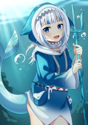 Rule 34 | 1girl, :d, air bubble, animal hood, blue eyes, blue hair, blue hoodie, blue nails, blurry, blurry background, blush, bubble, collarbone, day, depth of field, drawstring, fins, fish tail, gawr gura, gawr gura (1st costume), highres, holding, hololive, hololive english, hood, hood up, hoodie, long hair, long sleeves, multicolored hair, nail polish, open mouth, outdoors, polearm, shark hood, shark tail, sharp teeth, smile, solo, streaked hair, tail, teeth, trident, underwater, virtual youtuber, water, weapon, white hair, wide sleeves, yuusa