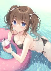 Rule 34 | 1girl, :o, ass, bikini, black bikini, blue eyes, blush, bow, breasts, brown hair, cleavage, commentary request, cup, disposable cup, drinking straw, hair between eyes, hair bow, hair ornament, hairclip, halterneck, highres, holding, holding cup, innertube, looking at viewer, medium breasts, miyasaka miyu, original, parted lips, partially submerged, side-tie bikini bottom, sidelocks, solo, string bikini, swim ring, swimsuit, twintails, water, wet, white bow, x hair ornament