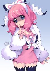 Rule 34 | 1girl, alternate costume, black thighhighs, blue eyes, blush, bow, bowtie, breasts, cleavage, coat, cowboy shot, creatures (company), dress, finger to mouth, fur coat, game freak, hair bow, hair ornament, hairband, hand up, highres, index finger raised, jewelry, klara (pokemon), large breasts, looking at viewer, milkunaisu, mole, mole under mouth, nail polish, nintendo, open clothes, open coat, pink dress, pink hair, pink nails, pokemon, pokemon swsh, ribbon, ring, short hair, shushing, simple background, solo, thighhighs, white coat