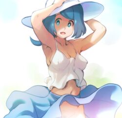 Rule 34 | 1girl, :d, aqua eyes, arms up, blue hair, blue skirt, breasts, bright pupils, cleavage, commentary request, covered erect nipples, creatures (company), ero kaeru, game freak, hands on headwear, hat, lana&#039;s mother (pokemon), long hair, medium breasts, navel, nintendo, no sclera, open mouth, pokemon, pokemon (anime), pokemon sm (anime), shirt, skirt, sleeveless, sleeveless shirt, smile, solo, sun hat, white hat, white pupils, white shirt
