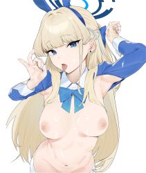 Rule 34 | 1girl, alternate costume, animal ears, blonde hair, blue archive, blue eyes, blue hair, blue halo, blue sleeves, breasts, commentary request, cum, cum on body, cum on breasts, cum on upper body, earrings, fake animal ears, fellatio gesture, female focus, halo, handjob gesture, highres, jewelry, kitou sakeru, long hair, long sleeves, looking at viewer, medium breasts, meme attire, multicolored hair, navel, nipples, open mouth, out-of-frame censoring, rabbit ears, reverse bunnysuit, reverse outfit, simple background, solo, stomach, toki (blue archive), toki (bunny) (blue archive), tongue, tongue out, two-tone hair, white background