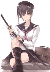 Rule 34 | 1girl, bad id, bad pixiv id, bag, black hair, boots, hair ornament, hairclip, hat, highres, holding, holding weapon, katana, crossed legs, looking at viewer, neckerchief, one side up, original, red eyes, school bag, school uniform, sheath, sheathed, shirt, sitting, skirt, smile, solo, sword, touma kisa, weapon