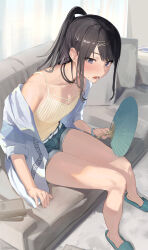 Rule 34 | 1girl, absurdres, bare legs, black hair, blush, collarbone, couch, denim, denim shorts, flat chest, hand fan, highres, holding, holding fan, idolmaster, idolmaster shiny colors, indoors, jacket, jacket partially removed, kazano hiori, knees together feet apart, legs, looking at viewer, on couch, paper fan, ponytail, purple eyes, short shorts, shorts, sitting, slippers, solo, sweatdrop, uchiwa, uouokuma