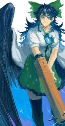 Rule 34 | 1girl, alternate eye color, arm cannon, atom, bird wings, black hair, black thighhighs, black wings, blue eyes, bow, breasts, buttons, cape, collared shirt, commentary request, control rod, feet out of frame, frilled shirt collar, frilled skirt, frills, green bow, green skirt, grin, hair bow, howah18, long hair, looking at viewer, medium breasts, messy hair, print cape, reiuji utsuho, shirt, short sleeves, skirt, smile, solo, starry sky print, thighhighs, third eye, touhou, weapon, white cape, white shirt, wings