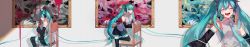 Rule 34 | 3girls, ^ ^, absurdres, aqua eyes, aqua hair, bad id, bad twitter id, bare shoulders, blush, chair, clone, closed eyes, commentary, danjou sora, detached sleeves, english commentary, feet out of frame, hair ornament, hatsune miku, headphones, headset, highres, leg up, long hair, long image, multiple girls, nail polish, necktie, on one knee, painting (object), shirt, sitting, sleeveless, sleeveless shirt, smile, thighhighs, thread, twintails, upper body, very long hair, vocaloid, white background, wide image, zettai ryouiki