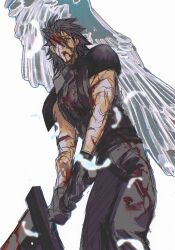 Rule 34 | 1boy, angel wings, armor, belt, black belt, black gloves, black hair, black pants, black shirt, bleeding, blood, blood from mouth, blood in hair, blood on face, bloody weapon, blue eyes, buster sword, feathered wings, feathers, final fantasy, final fantasy vii, gloves, highres, holding, holding sword, holding weapon, injury, long hair, male focus, moyanwxy, pants, parted lips, pauldrons, shirt, shoulder armor, sketch, sleeveless, sleeveless turtleneck, solo, spiked hair, sword, turtleneck, upper body, weapon, white background, white feathers, white wings, wings, zack fair