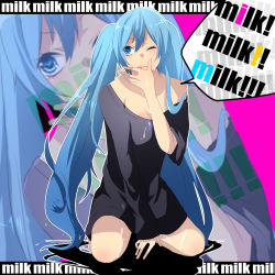 Rule 34 | 1girl, ;q, aqua eyes, aqua hair, bad id, bad pixiv id, english text, hanagerian, hatsune miku, long hair, milk, one eye closed, romaji text, sexually suggestive, sitting, solo, tongue, tongue out, twintails, very long hair, vocaloid, wince, wink