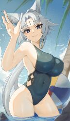 Rule 34 | 1girl, absurdres, animal ears, aqua one-piece swimsuit, ball, beachball, blue eyes, blue sky, breasts, closed mouth, contrapposto, covered navel, eyeliner, feixiao (honkai: star rail), film grain, forehead jewel, fox ears, fox girl, grey hair, hand up, highres, honkai: star rail, honkai (series), large breasts, makeup, one-piece swimsuit, palm tree, red eyeliner, sideboob, sky, smile, solo, swimsuit, tree, wading, yellow glasses (odivichno)