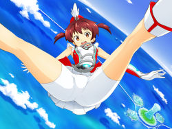 Rule 34 | 1girl, bike shorts, boots, brown eyes, brown hair, cloud, female focus, flying, gloves, hat, highres, isshiki akane, midair, ocean, outdoors, palette suit, sky, smile, solo, spread legs, twintails, vividred operation