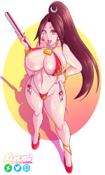 Rule 34 | 1girl, absurdres, ass, bikini, breasts, fatal fury, highres, huge ass, huge breasts, kenergi, looking at viewer, ponytail, shiranui mai, smile, swimsuit