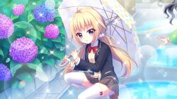 Rule 34 | 2girls, ahoge, aunt and niece, black hair, blonde hair, blue eyes, blue flower, bow, bowtie, brown footwear, bush, cardigan, day, dot nose, film grain, flower, game cg, hair ornament, hair scrunchie, holding, holding umbrella, hydrangea, itsumura haruka, itsumura yukari, izumi tsubasu, lens flare, long hair, long sleeves, looking at viewer, low twintails, multiple girls, non-web source, official art, outdoors, parted lips, polka dot, polka dot umbrella, puddle, purple flower, rainbow, re:stage!, red bow, red bowtie, reflection, reflective water, road, school uniform, scrunchie, shoes, solo focus, sparkle, squatting, street, thighhighs, twintails, umbrella, under umbrella, white scrunchie, white thighhighs, white umbrella, yellow cardigan, zettai ryouiki