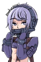 Rule 34 | 1girl, android, bright pupils, covering own mouth, doekuramori, flat chest, gloves, gun, handgun, headphones, holding, holding gun, holding weapon, looking at viewer, martyr (the citadel), purple eyes, purple gloves, purple hair, revolver, robot, short hair, signature, simple background, solo, the citadel, upper body, weapon, white background, white pupils