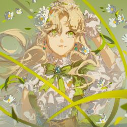 Rule 34 | abstract background, audrey hall, blonde hair, brooch, brown corset, corset, dress, earrings, falling petals, flower, gloves, green dress, green eyes, green ribbon, highres, jewelry, lips, long hair, lord of the mysteries, parted bangs, parted lips, petals, qiang45042, ribbon, shirt, smile, teeth, white gloves, white shirt, wind