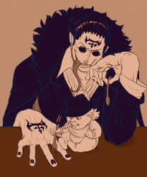 Rule 34 | 2boys, baby, bad id, bad pixiv id, black hair, black headwear, black nails, capone pez, child, cowboy hat, facial hair, forehead tattoo, fork, full body, fur-trimmed jacket, fur trim, hair slicked back, hand tattoo, hat, holding, holding fork, holding spoon, jacket, long sleeves, long tongue, male focus, multiple boys, nail polish, one piece, open mouth, pacifier, round eyewear, short hair, sitting, smile, spoon, stubble, sunglasses, tattoo, tongue, tongue out, vito (one piece), zitszy