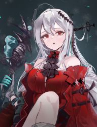 Rule 34 | 1girl, :o, absurdres, arknights, ascot, bare shoulders, black ascot, black gloves, bracelet, breasts, detached sleeves, dress, gloves, grey hair, highres, holding, holding staff, hoyuring, jewelry, knee up, large breasts, long hair, long sleeves, looking at viewer, no headwear, no headwear, open mouth, red dress, red eyes, sitting, skadi (arknights), skadi the corrupting heart (arknights), solo, staff, very long hair, wide sleeves