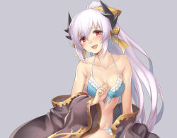 Rule 34 | 1girl, :d, arm support, bare arms, bare shoulders, bikini, blue bikini, blue ribbon, bow, breasts, cleavage, collarbone, dark-skinned female, dark skin, earrings, fate/grand order, fate (series), frilled bikini, frills, front-tie bikini top, front-tie top, grey background, hair bow, horns, jewelry, kiyohime (fate), kiyohime (fate/grand order), kiyohime (swimsuit lancer) (fate), kiyohime (swimsuit lancer) (third ascension) (fate), light purple hair, long hair, long sleeves, looking at viewer, medium breasts, navel, open mouth, oukawa yuu, ponytail, red eyes, ribbon, silver hair, simple background, sitting, smile, solo, stomach, swimsuit, teeth, thighs, very long hair, wide sleeves, yellow bow, yokozuwari