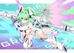Rule 34 | 10s, 1girl, ass, breasts, butt crack, character name, cleavage, green hair, green heart (neptunia), highres, large breasts, long hair, mizunashi (second run), neptune (series), polearm, purple eyes, shin jigen game neptune vii, solo, spear, symbol-shaped pupils, underboob, vert (neptunia), weapon, wings
