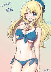 Rule 34 | 1girl, artist name, atago (kancolle), beret, bikini, blonde hair, blue bikini, blue eyes, blue hat, breasts, character name, commentary request, cowboy shot, dated, front-tie top, gradient background, hand on own chest, hat, kantai collection, large breasts, long hair, one eye closed, side-tie bikini bottom, silica (silica silylate), solo, swimsuit