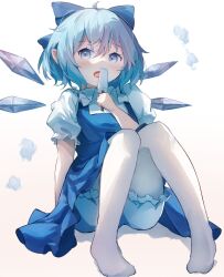 Rule 34 | 1girl, ar (maeus), arm support, bloomers, blue bow, blue dress, blue eyes, blue hair, bow, cirno, collared shirt, commentary request, dress, food, hair bow, holding, holding food, holding popsicle, ice, ice wings, neck ribbon, no shoes, pantyhose, pinafore dress, popsicle, puffy short sleeves, puffy sleeves, red ribbon, ribbon, shirt, short sleeves, simple background, sitting, sleeveless, sleeveless dress, solo, touhou, underwear, white background, white bloomers, white pantyhose, wings