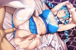 Rule 34 | 1girl, armpits, arms up, barefoot, bed, blue hair, blue skirt, bow, bowtie, breasts, cameltoe, censored, cleavage, clothed female nude male, covered erect nipples, drill hair, empress (studio), empress energy ectsasy, feet, game cg, hinata amour, large breasts, legs, legs up, long hair, looking at viewer, lying, midriff, miniskirt, mosaic censoring, navel, nude, on back, on bed, panties, penis, pillow, purple eyes, sei shoujo, skirt, soles, solo focus, thighhighs, thighs, toes, twintails, underwear