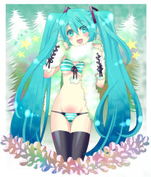 Rule 34 | 1girl, aqua eyes, aqua hair, bad id, bad pixiv id, bra, breasts, cameltoe, covered erect nipples, front-tie top, hatsune miku, hira taira, lingerie, long hair, lowleg, open mouth, panties, scarf, small breasts, solo, star (symbol), striped clothes, striped panties, thighhighs, tree, twintails, underwear, underwear only, very long hair, vocaloid