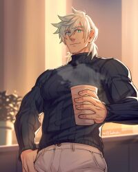 Rule 34 | 1boy, absurdres, bara, black sweater, blue eyes, cup, fate/grand order, fate (series), hair between eyes, highres, holding, holding cup, indoors, large pectorals, looking at viewer, male focus, muscular, muscular male, pants, pectorals, percival (fate), short hair, smile, solo, steam, sweater, thumb in pocket, turtleneck, turtleneck sweater, twitter username, white hair, white pants, yaekaidou