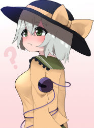 Rule 34 | 1girl, ?, absurdres, black hat, blush, bow, breasts, closed mouth, commentary request, expressionless, eyeball, fang, fang out, frilled shirt collar, frills, from side, gradient background, green eyes, hair between eyes, hat, hat bow, highres, komeiji koishi, light green hair, long sleeves, looking away, looking to the side, medium breasts, nose blush, pink background, shirt, short hair, simple background, solo, third eye, topadori, touhou, upper body, yellow bow, yellow shirt