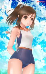 Rule 34 | 10s, 1girl, brown eyes, brown hair, cloud, cowboy shot, day, hair ornament, hairclip, i-401 (kancolle), kantai collection, ponytail, sailor collar, school swimsuit, selene kaguya, short hair, short ponytail, sile, sky, solo, standing, swimsuit, swimsuit under clothes