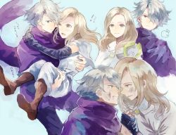 Rule 34 | 1boy, 1girl, blonde hair, cloak, dress, gloves, hair over one eye, jewelry, long hair, necklace, octopath traveler, octopath traveler i, okii, open mouth, ophilia (octopath traveler), scarf, short hair, simple background, smile, staff, therion (octopath traveler), white hair