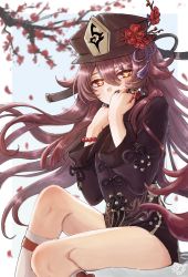 Rule 34 | 1girl, black shorts, blurry, brown hair, chinese clothes, commentary request, depth of field, flower, genshin impact, hair between eyes, hat, hat flower, hat ornament, highres, hotoritan, hu tao (genshin impact), kneehighs, long hair, long sleeves, looking at viewer, petals, red eyes, shorts, sidelocks, sitting, socks, solo, symbol-shaped pupils, tree, twintails, white socks, wind
