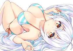 Rule 34 | 1girl, bare arms, bare shoulders, bikini, blue nails, blush, breasts, brown eyes, cleavage, closed mouth, collarbone, commentary request, cu-no, dutch angle, fingernails, hair between eyes, hair bobbles, hair ornament, hands up, hisen kaede, knees up, large breasts, long hair, looking at viewer, low twintails, lying, nail polish, on back, rapua qive, side-tie bikini bottom, silver hair, simple background, solo, string bikini, striped bikini, striped clothes, swimsuit, twintails, very long hair, white background