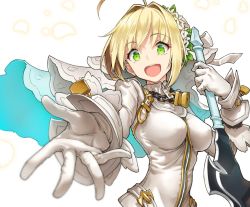 Rule 34 | 10s, 1girl, aestus estus, ahoge, aya shachou, belt, blonde hair, bodysuit, breasts, chain, commentary request, covered erect nipples, fate/extra, fate/extra ccc, fate (series), flower, gloves, green eyes, hair intakes, holding, holding sword, holding weapon, lock, looking at viewer, medium breasts, nero claudius (bride) (fate), nero claudius (fate), nero claudius (fate) (all), outstretched arm, padlock, petals, simple background, smile, solo, sword, upper body, veil, weapon, white background, zipper