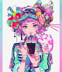 Rule 34 | 1girl, akiakane, blue eyes, blue jacket, blue nails, blunt bangs, body writing, commentary request, cup, disposable cup, drinking straw, ear piercing, earrings, eyeshadow, fingernails, food, grey background, hair ornament, hairpin, hands up, headband, holding, holding cup, ice cream, jacket, jewelry, looking at viewer, makeup, multicolored nails, nail polish, off shoulder, original, parted lips, piercing, pink hair, pink lips, pink nails, ring, short hair, smile, solo, upper body, wristband